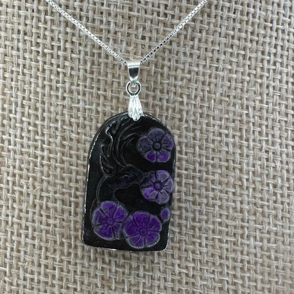 Arch Shaped Deer and Flowers Sugilite Pendant on Sterling Silver Box Chain - Picture 4 of 16